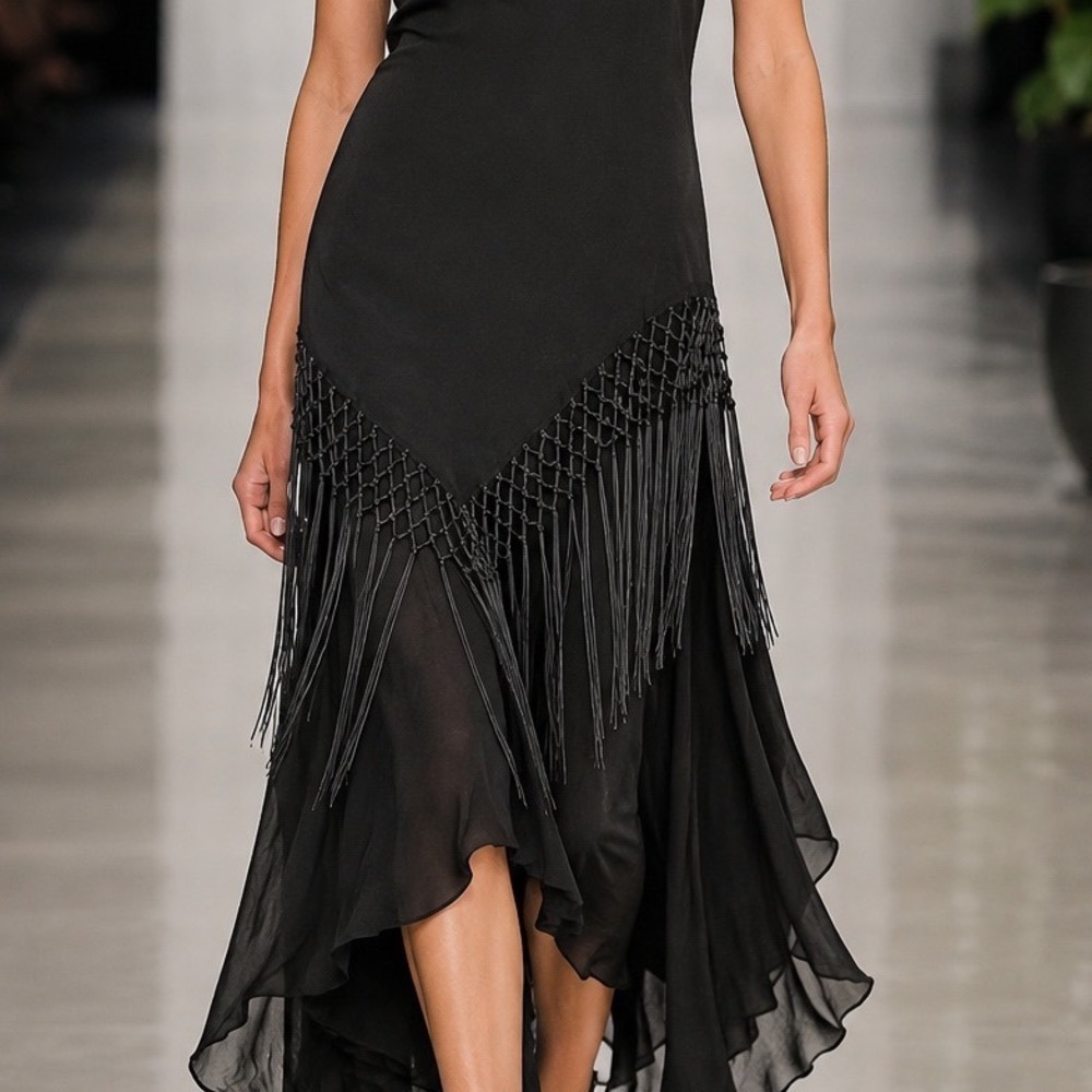 Lola P Black Fringe Midi Skirt M Rayon Crochet Macrame Asymmetrical Fairy Goth